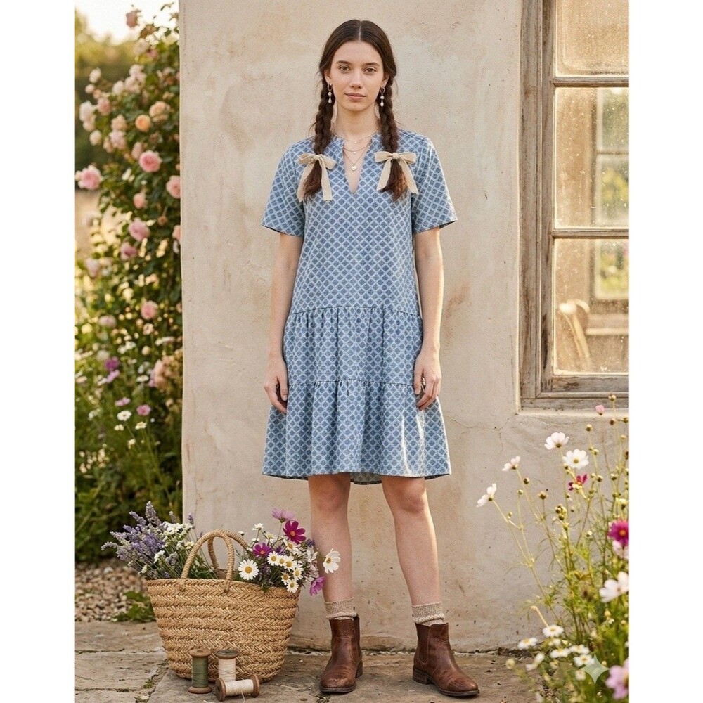 PUROTATTO Chambray Tiered Eyelet Dress Sz 42 US Small coastal preppy cottage